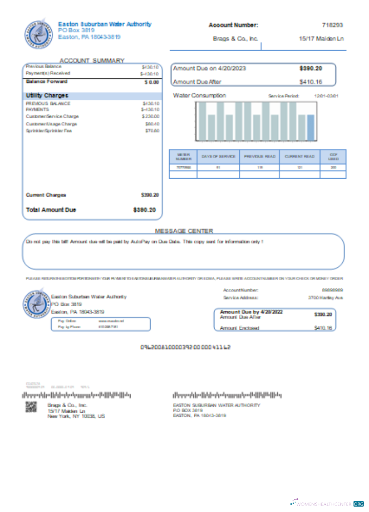 Download Easton Suburban Water Authority utility business bill, SCR Photoshop template